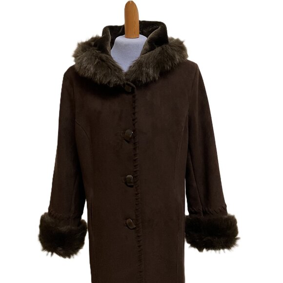 Simon Chang Hooded Winter Coat Brown Faux Suede & Faux Fur Shearling Lining Y2K - Picture 4 of 10